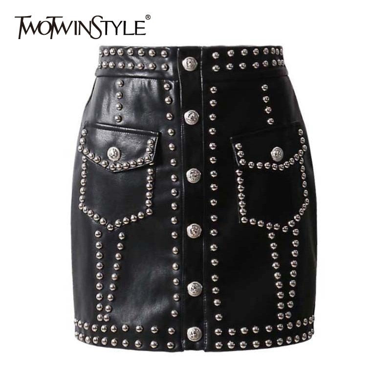 TwoTwinStyle Heavy Rivets PU Leather Punk Mini Skirt