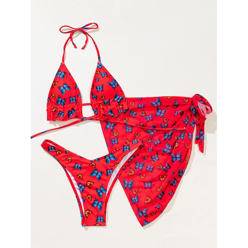 In-X Butterfly Print Swimsuit - 3-Piece Set Micro-Brazilian Bikini. String Bathing Suit