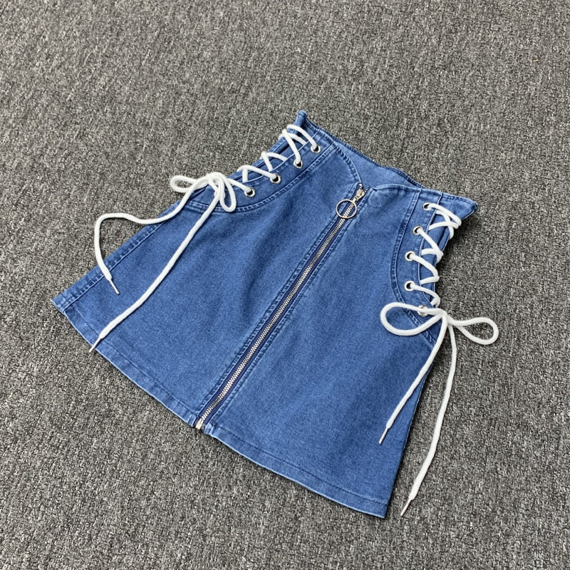 Denim A-Line Lace-up Skirts - Front-Ring Zipper Fashion