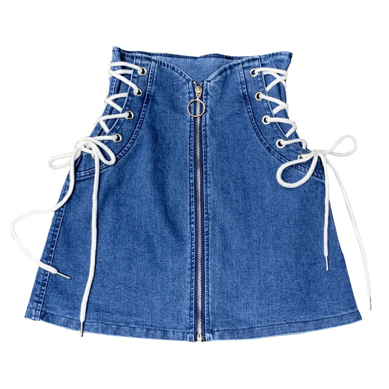 Denim A-Line Lace-up Skirts - Front-Ring Zipper Fashion