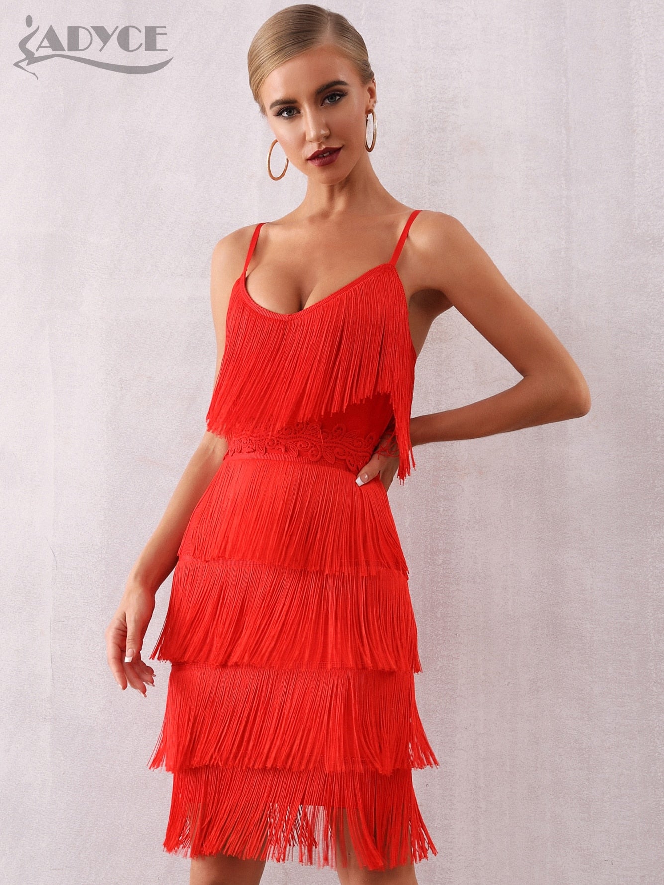 Fringe Red Club or Party Dress - Vestidos Elegant Midi Celebrity